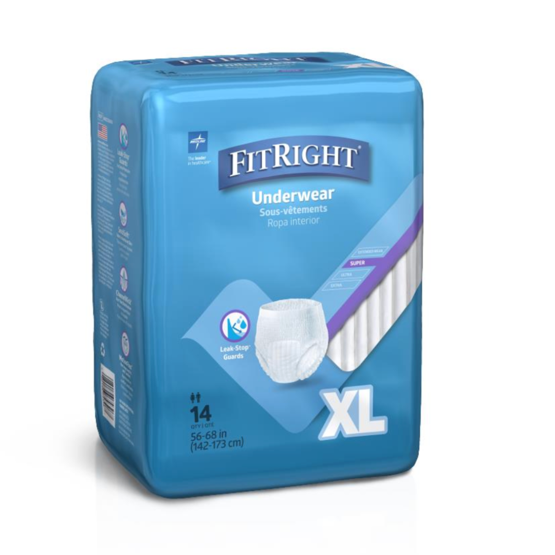 Blue packaging of FitRight Unisex Super Adult Incontinence Underwear - Heavy Absorbency, size XL for waist 56-68 inches (142-173 cm). Features front illustration of 14 diapers with anti-leak guards. Text available in English, French, and Spanish.